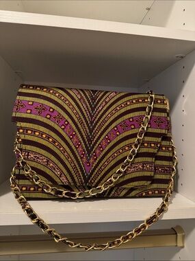 Vibrant Patterned Shoulder Bag with Gold Chain - Purple & Yellow